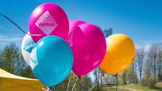 Pinkkejä, turkooseja ja keltaisia Vantaa-ilmapalloja ulkona.