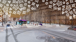 Ratikka havainnekuvassa Tietotiellä. Talviseen maisemaan lisätty lumihiutaleita.