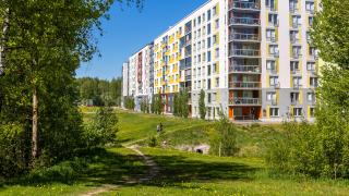 Kaskelassa sijaitsevan taloyhtiön pihan reunassa on vehreä hulevesipainanne.