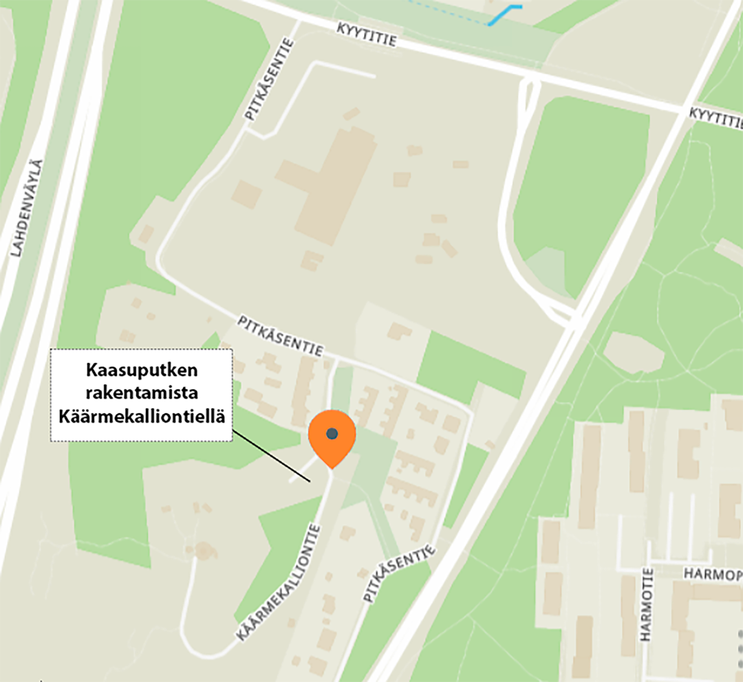 Havainnollistava karttagraafi, johon on merkattu likimääräinen töiden sijainti Käärmekalliontiellä.