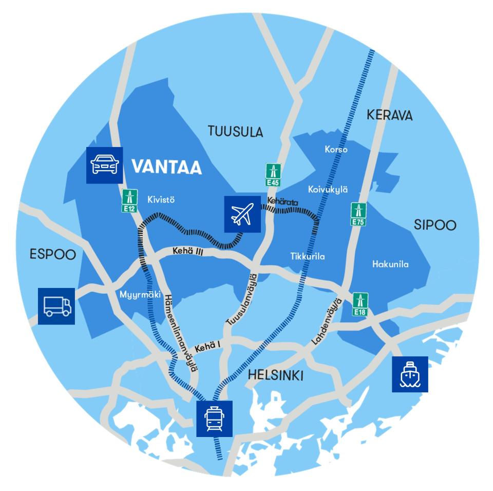 Piirroskuva Vantaan kartasta ja pääväylistä. 